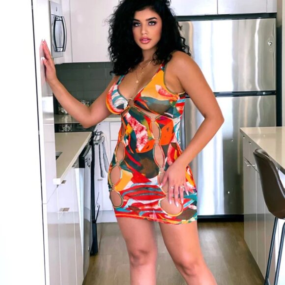 Haydee Multi Pattern Cut Out Mini Dress - Orange - Picture 3 of 3